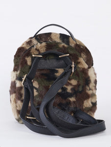 Camo Faux Shearling Mini Backpack With Chain Detail