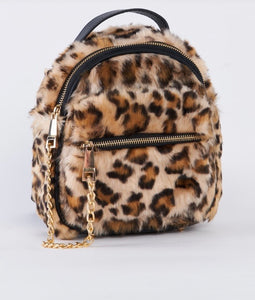 Leopard Faux Shearling Mini Backpack With Chain Detail