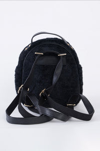 Black Faux Shearling Mini Backpack With Chain Detail