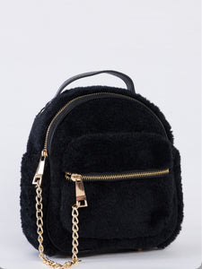 Black Faux Shearling Mini Backpack With Chain Detail