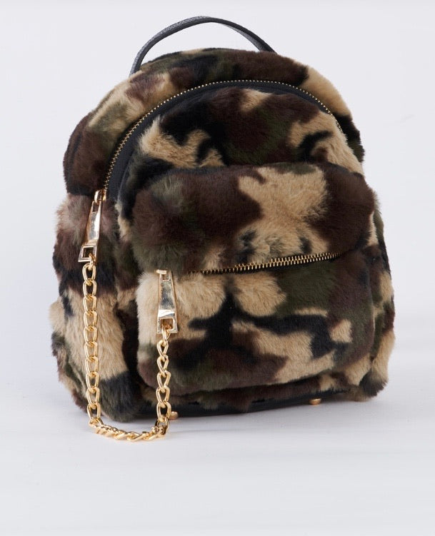 furry mini backpack Camo Faux Shearling Mini Backpack With Chain Detail