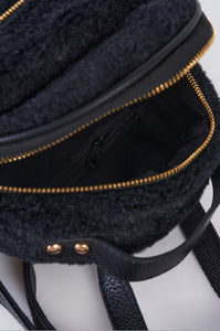 Black Faux Shearling Mini Backpack With Chain Detail