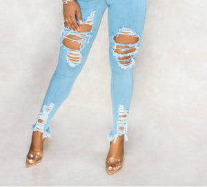Denim Ripped Frayed Ankle High Waist Skinny Jeans